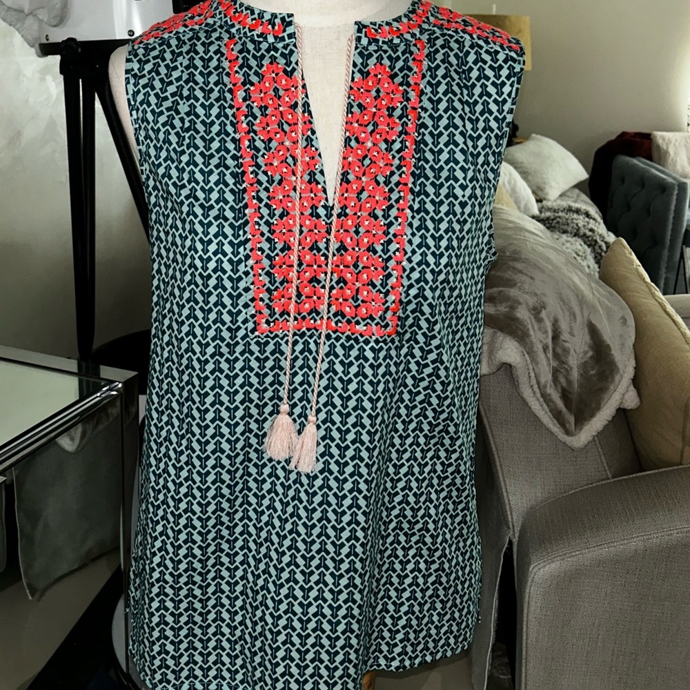 J.Crew cotton embroidered top  medium blue and orange thread.